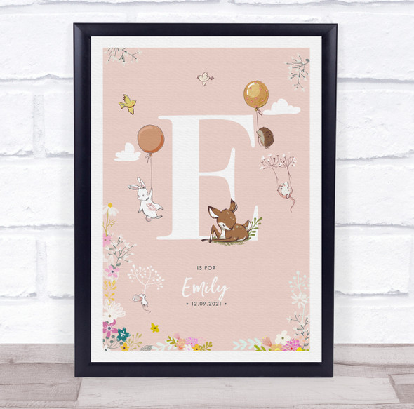 Baby Birth Details Nursery Christening Woodland Animals Pink Initial E Print