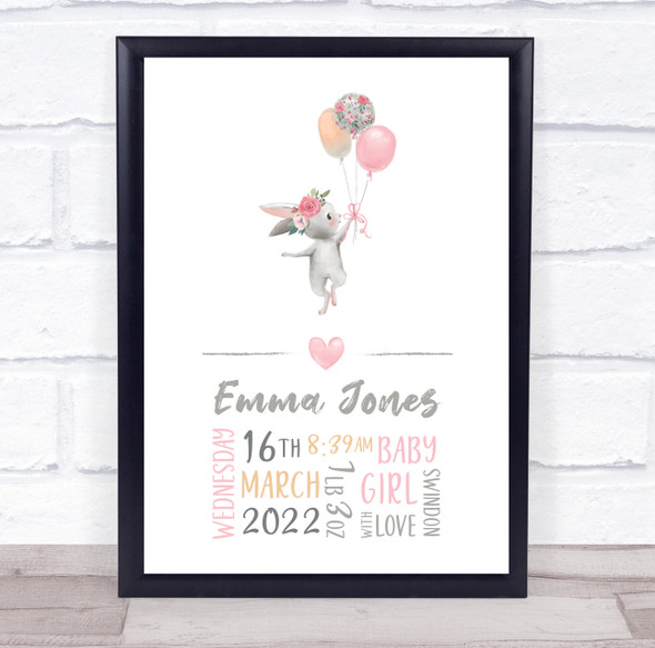 New Baby Birth Details Nursery Christening Bunny Balloon Keepsake Gift Print