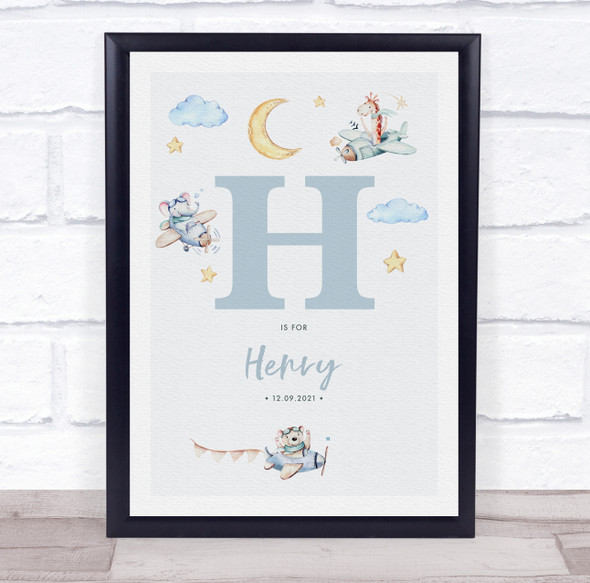 New Baby Birth Details Nursery Christening Blue Planes Initial H Gift Print