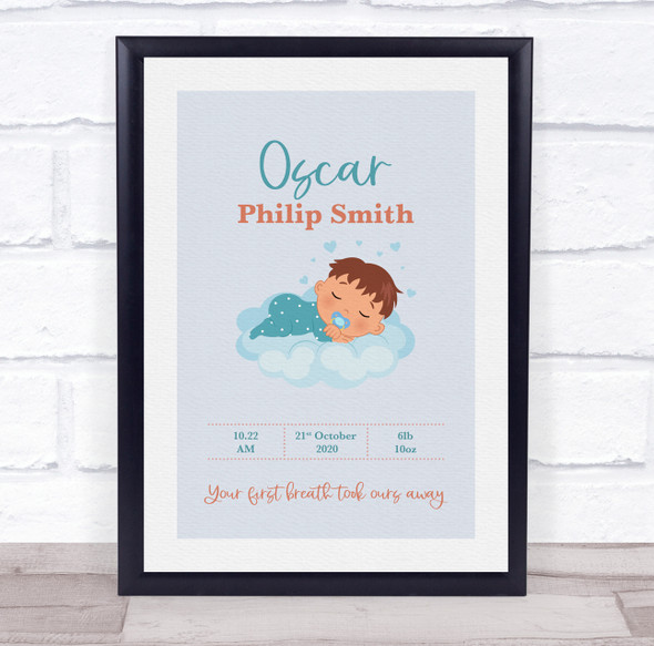 New Baby Birth Details Christening Nursery Brunette Boy Keepsake Gift Print