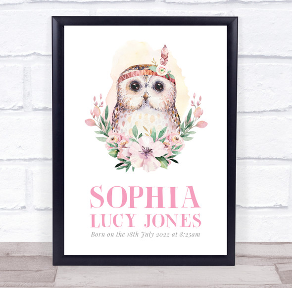 New Baby Birth Details New-born Nursery Christening Owl Keepsake Gift Print