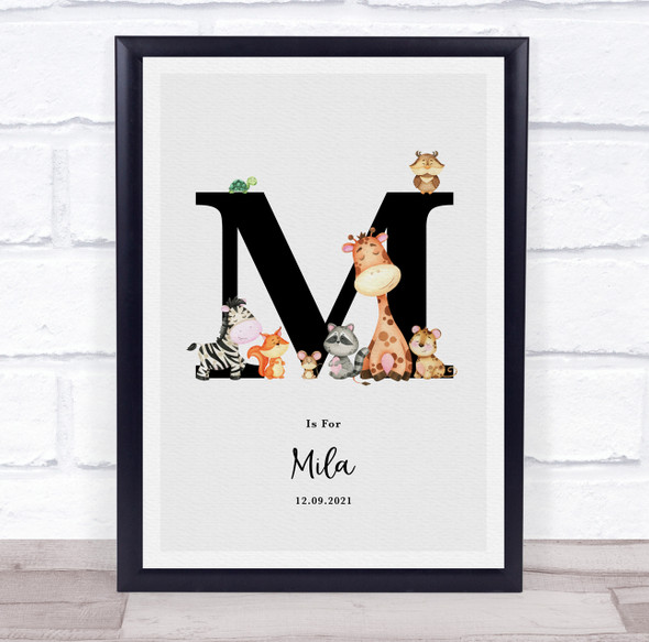 New Baby Birth Details Nursery Jungle Animals Initial M Keepsake Gift Print