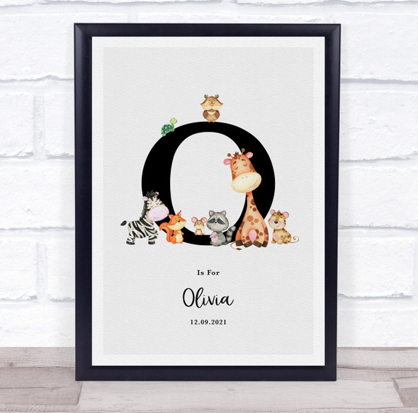 New Baby Birth Details Nursery Jungle Animals Initial O Keepsake Gift Print