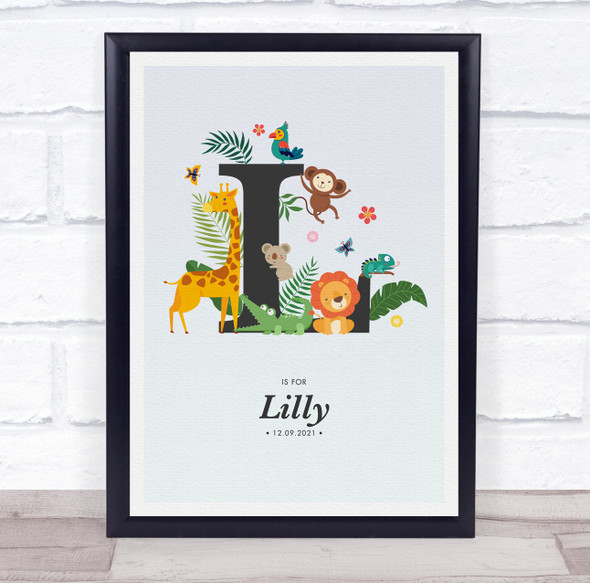 Jungle Animals Initial L Baby Birth Details Nursery Christening Gift Print