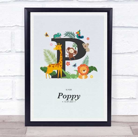 Jungle Animals Initial P Baby Birth Details Nursery Christening Gift Print