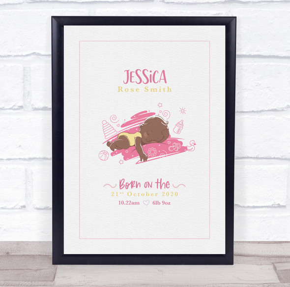 New Baby Birth Details Christening Nursery Dark Skin Girl Pink Gift Print