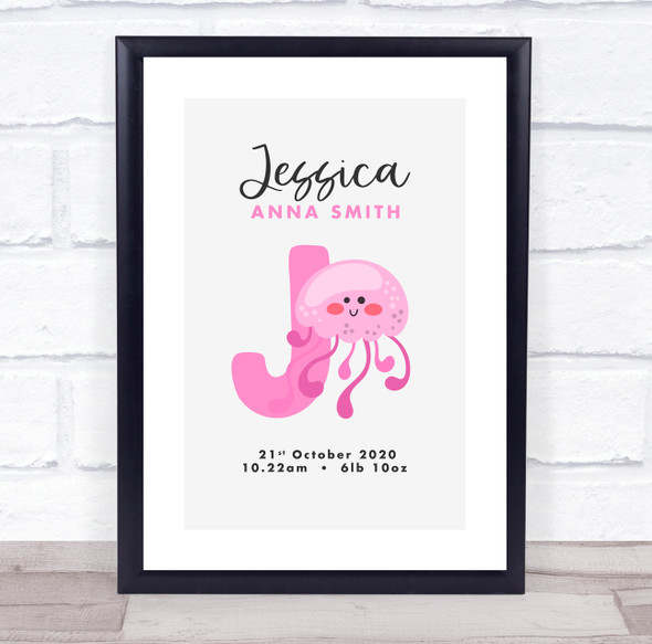 New Baby Birth Details Christening Nursery Initial J Jellyfish Gift Print