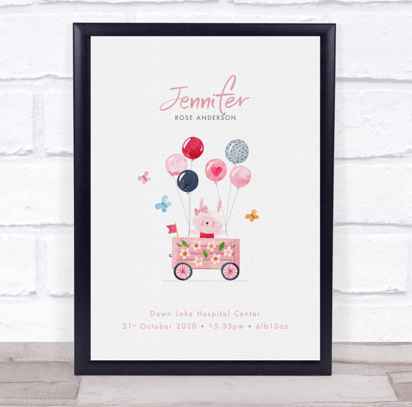 New Baby Birth Details Christening Nursery Pink Bunny Keepsake Gift Print