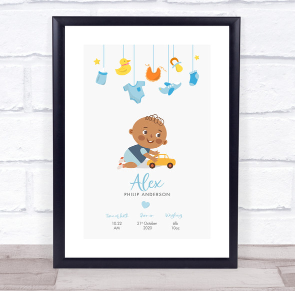 New Baby Birth Details Christening Nursery Dark Skin Boy Toys Gift Print