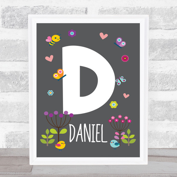 Grey Floral Butterfly Bird Initial D Personalised Children's Wall Art Print