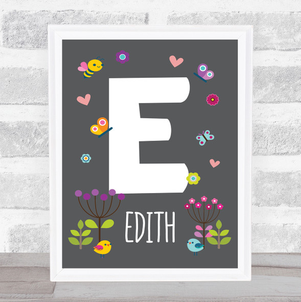 Grey Floral Butterfly Bird Initial E Personalised Children's Wall Art Print