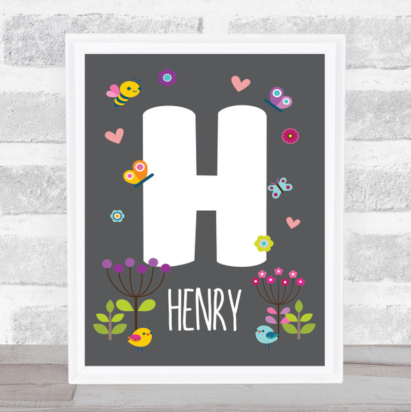 Grey Floral Butterfly Bird Initial H Personalised Children's Wall Art Print