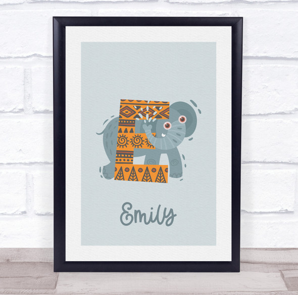Initial Funky Letter E With Elephant Personalised Children's Wall Art Print