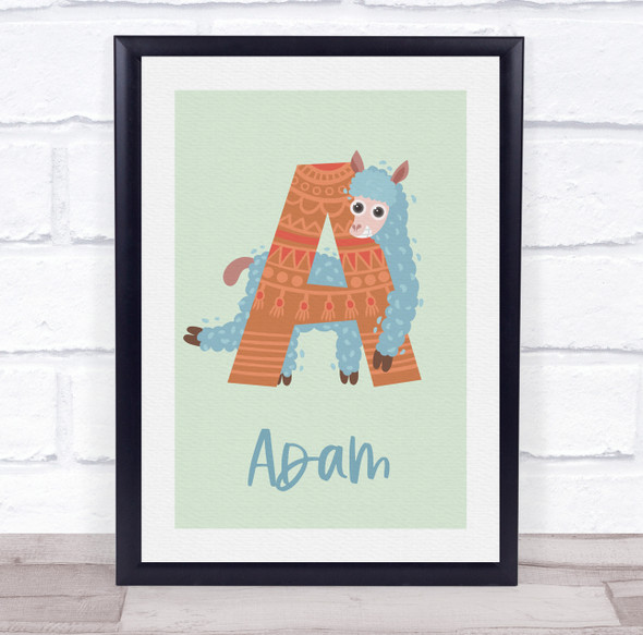 Initial Funky Letter A With Alpaca Personalised Children's Wall Art Print