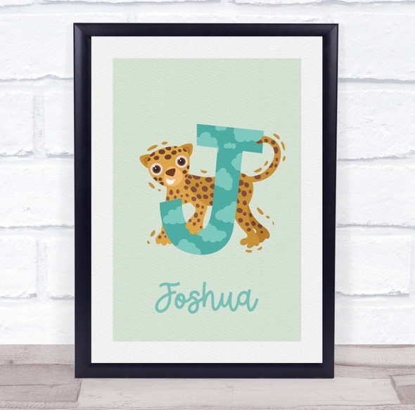 Initial Funky Letter J With Jaguar Personalised Children's Wall Art Print