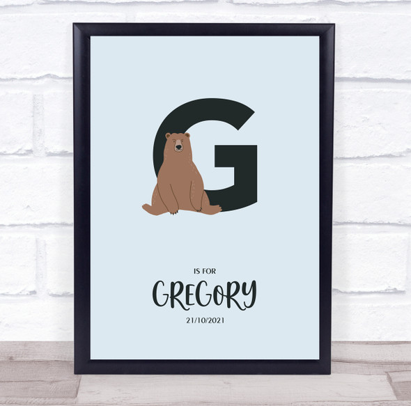 Initial Letter G With Grizzly Bear Personalised Children's Wall Art Print