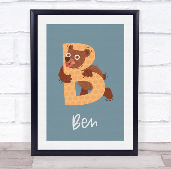 Initial Funky Letter B With Bear Personalised Children's Wall Art Print