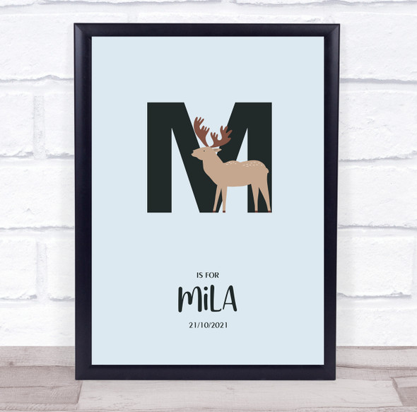 Initial Letter M With Moose Personalised Children's Wall Art Print