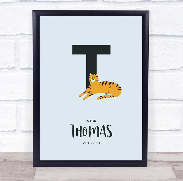 Initial Letter T With Tiger Personalised Children's Wall Art Print