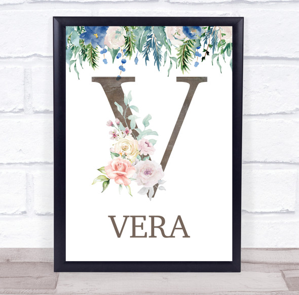 Floral Any Name Initial V Personalised Children's Wall Art Print