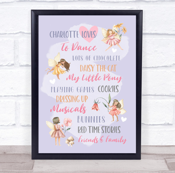 Fairy Purple Child Girl Loves Favourite Things Children's Wall Art Print