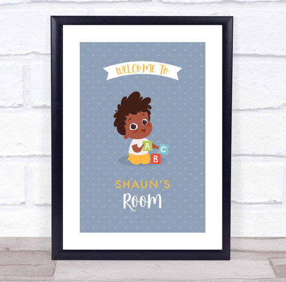 Dark Skin Boy Playing Toy Room Personalised Children's Wall Art Print