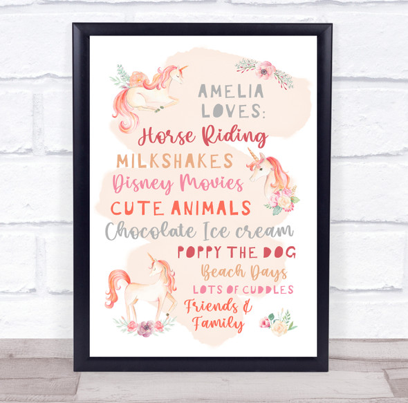 Unicorn Favourite Things Pink Peach Personalised Children's Wall Art Print