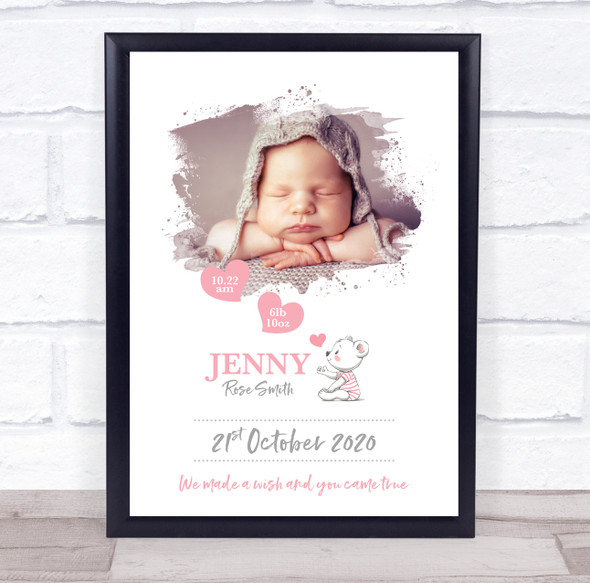New Baby Birth Details Christening Nursery Pink Bear Photo Keepsake Gift Print