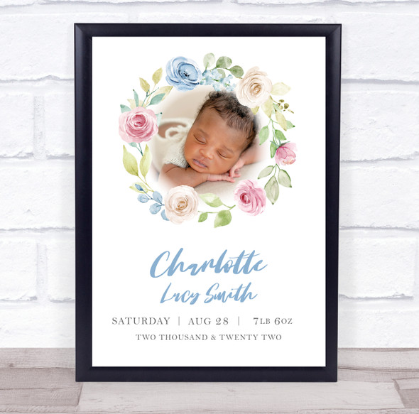 Floral Photo New Baby Birth Details Nursery Christening Keepsake Gift Print