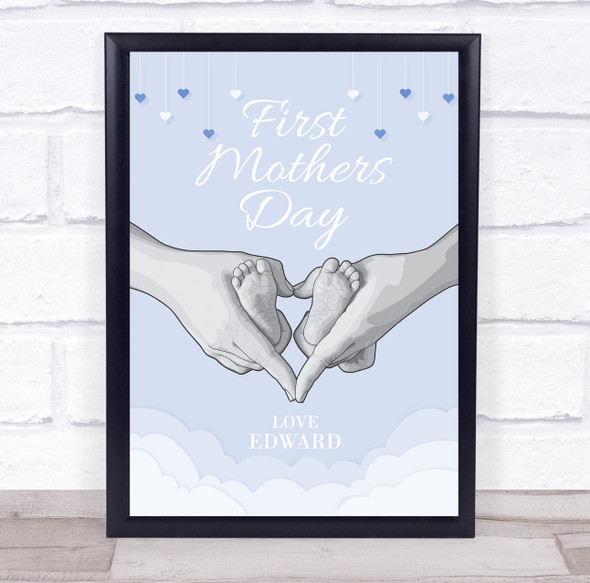 Baby Feet First Mothers Day Blue Hearts Personalized Gift Art Print
