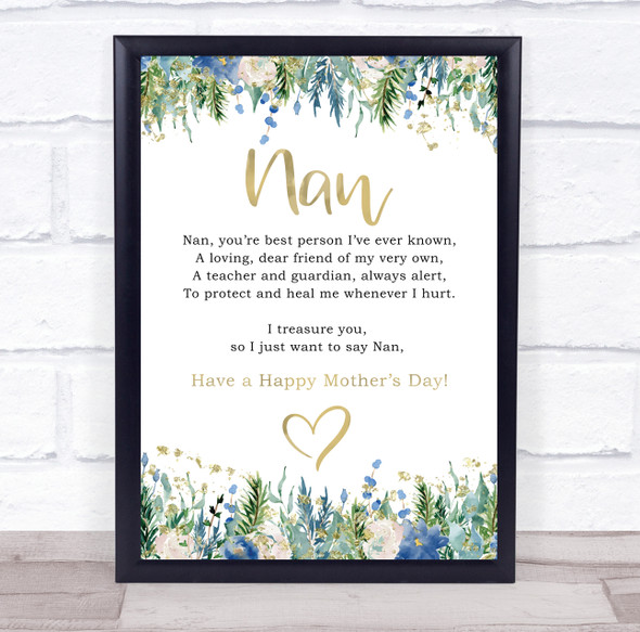 Blue Floral & Gold Mothers Day Poem Nan Personalized Gift Art Print