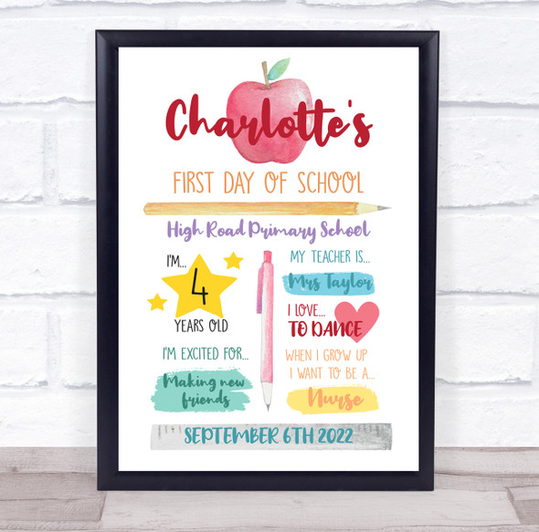 First Day Of Primary School Details Personalized Gift Art Print