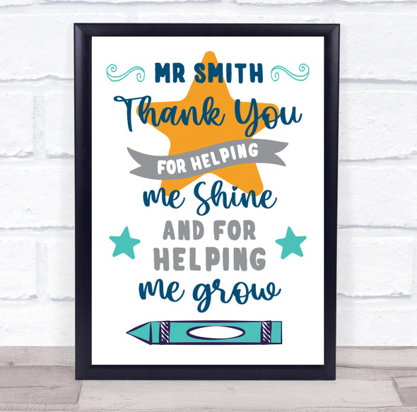 Thank You For Helping Me Shine Teacher Typographic Personalized Gift Art Print