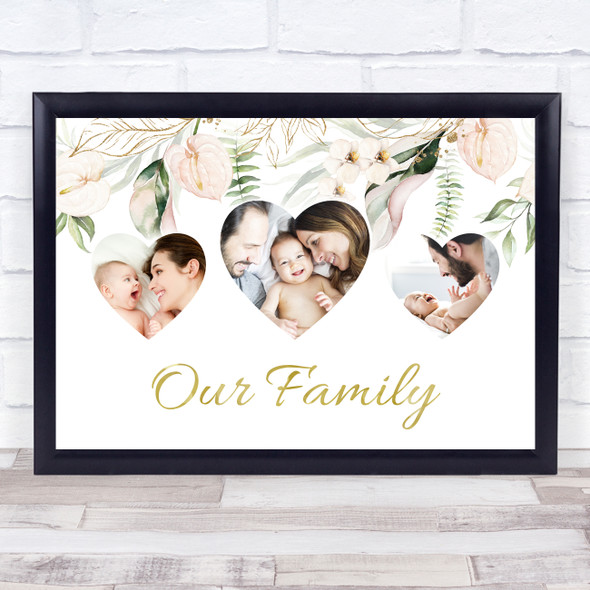 Our Family Photo Hearts X3 White Gold & Floral Personalized Gift Art Print