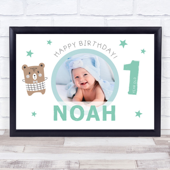 1st Birthday Boy Cute Bear Photo Personalized Gift Art Print