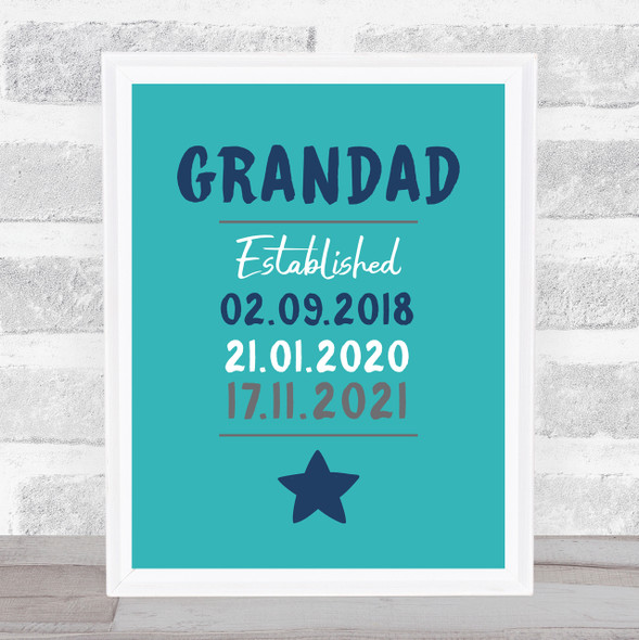 Grandad Established Turquoise Dates Personalized Wall Art Gift Print