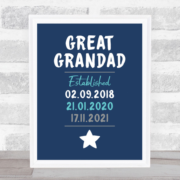 Great Grandad Established Blue Dates Personalized Wall Art Gift Print