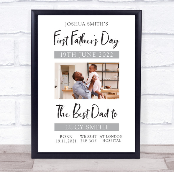 First Father's Day Child Details Info Photo Grey Personalized Gift Print