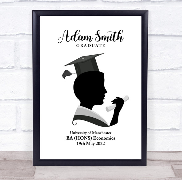 Black And White Silhouette Of Man With Graduation Hat Personalized Gift Print