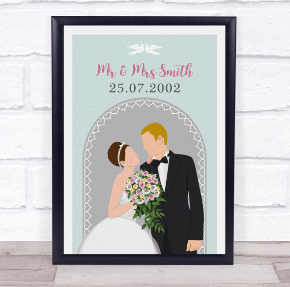 Brown Hair Bride & Blonde Hair Groom Anniversary Personalized Gift Print