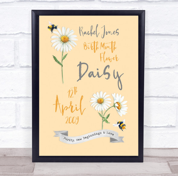 Daisy Bee April Birth Month Flower Yellow Watercolour Personalized Gift Print