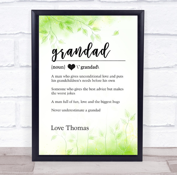 Dictionary Definition Grandad Green Spring Leaves Personalized Gift Print