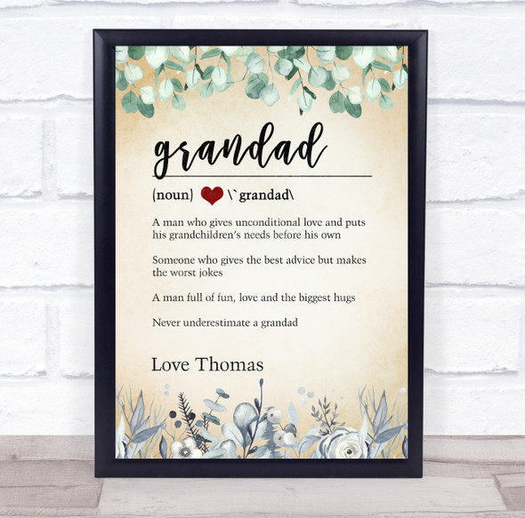 Dictionary Definition Grandad Heart Vintage Floral Personalized Gift Print
