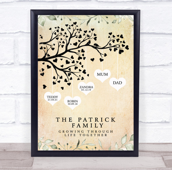 Family Tree Any Names In Hearts Vintage Foliage Personalized Gift Print