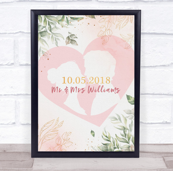 Floral Silhouettes Loving Couple Anniversary Pink Personalized Gift Print