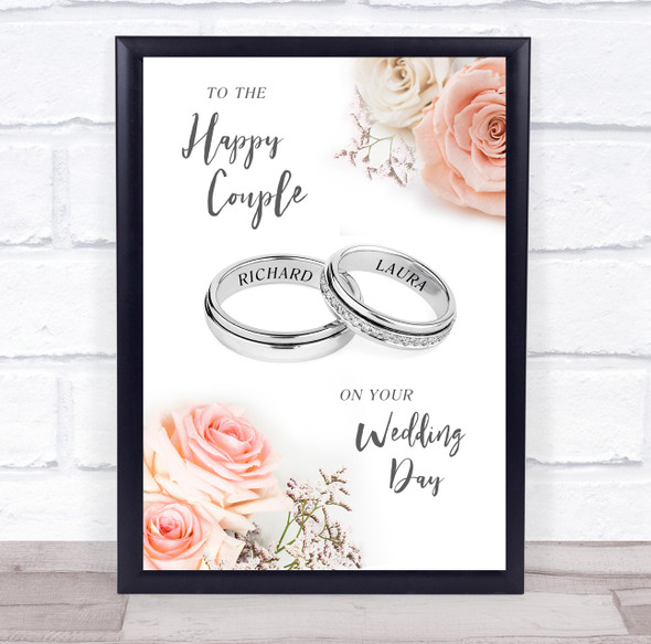 Happy Couple Silver Rings Wedding Pink Roses Married Personalized Gift Print