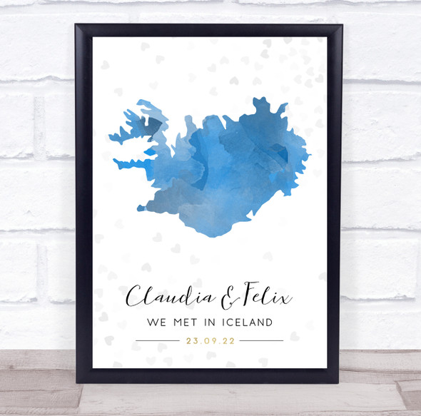 Iceland Special Date Watercolour Blue Grey Hearts Personalized Gift Print