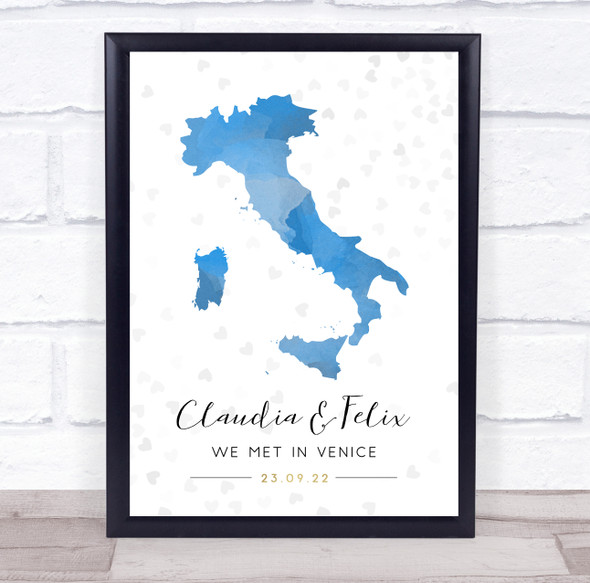 Italy Special Date Event Watercolour Blue Grey Heart Personalized Gift Print