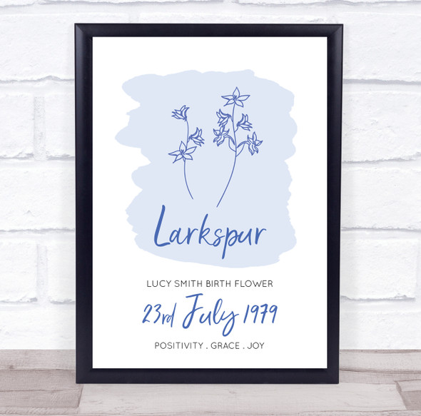 Larkspur Blue July Flower Summer Birthday Line Art Meaning Personalized Print