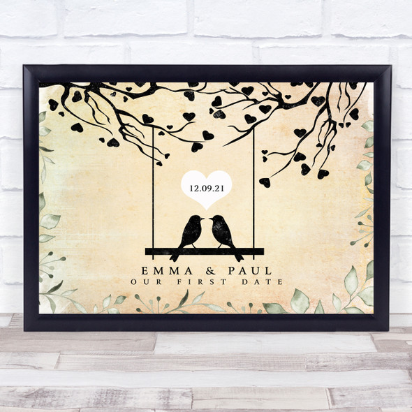 Love Birds Couple Heart Special Date Vintage Foliage Personalized Gift Print